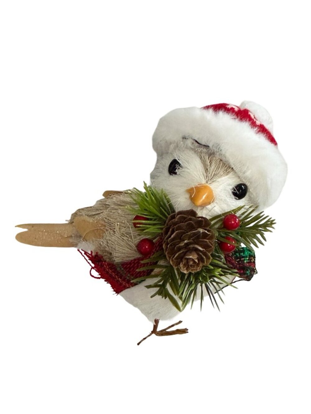 Vintage Christmas Feather Bird Figure Santa Hat Pinecone Holiday Table Decor 6"